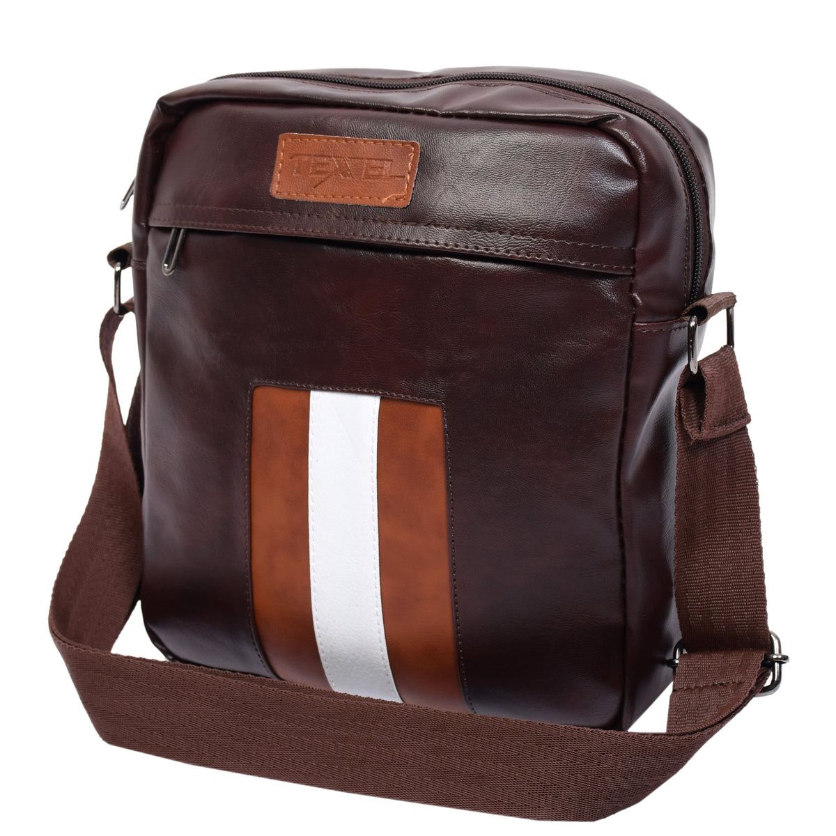 Brown leather crossbody bag with a striped design